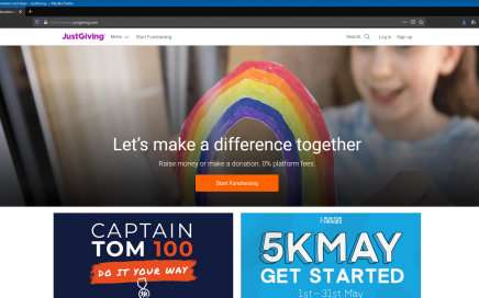 Homepage of JustGiving with the start fundraising banner at the centre